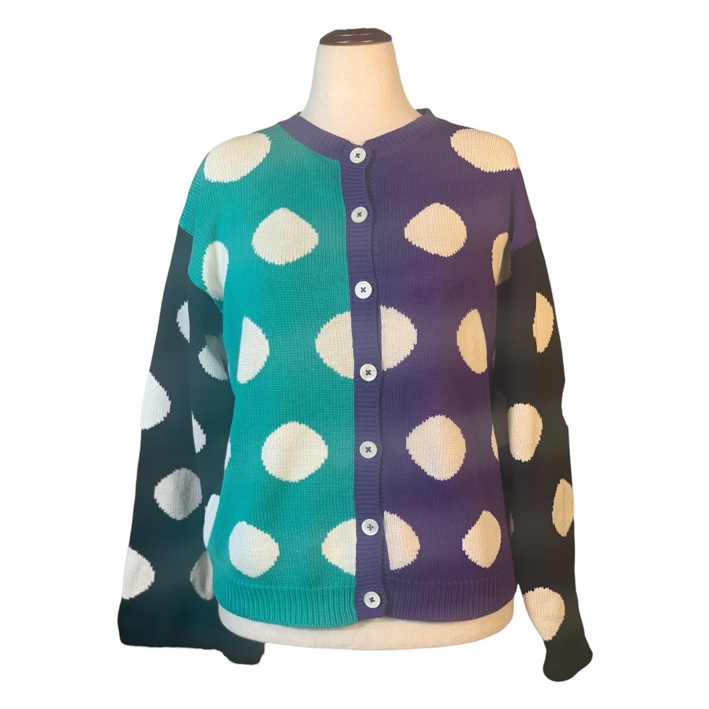Vintage Colorblock Retro Polka Dot Cardigan Sweater Teal Purple Black Large